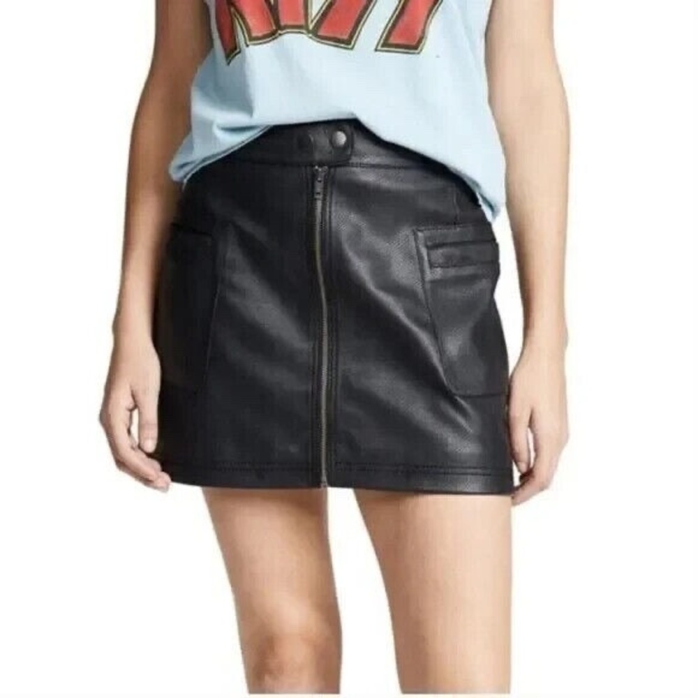 Free People Faux Leather Mini Skirt Black High Rise A Line Vegan Women's Size 4
